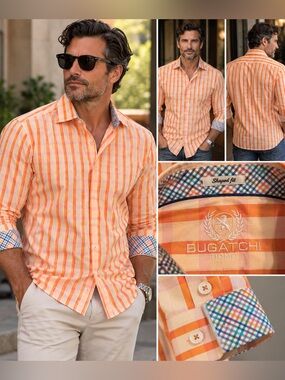 Bugatchi Uomo Men’s M Shaped Fit Orange Stripe Button Down Shirt 100% Cotton M